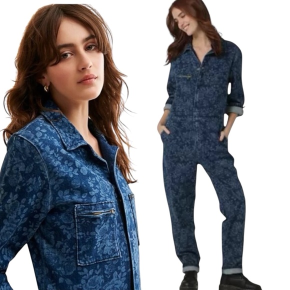 Free people denim jumpsuit boiler suit floral blue New XS overalls - Picture 3 of 16